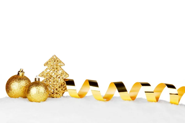 Golden Christmas Decorations Snow Close — Stock Photo, Image