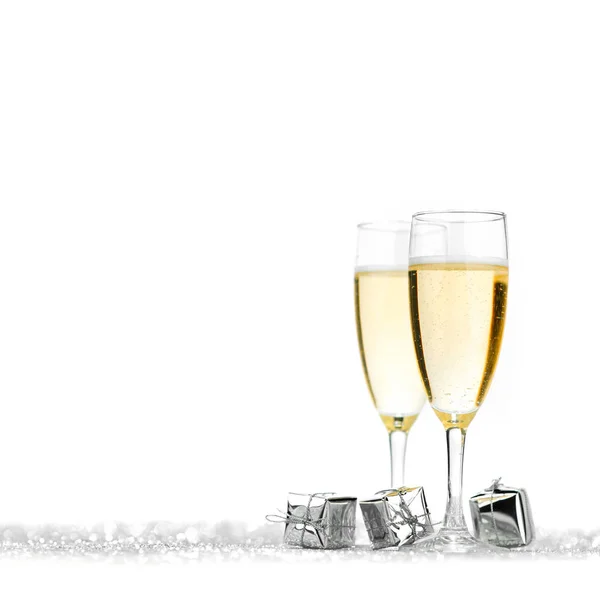 Brillen Van Champagne Zilver Geschenken Glitter Achtergrond — Stockfoto