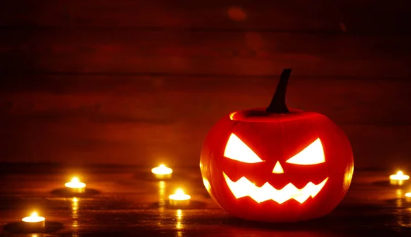 Halloween Pumpkin Head Jack Lantern Candles Wooden Background — Stock Photo, Image