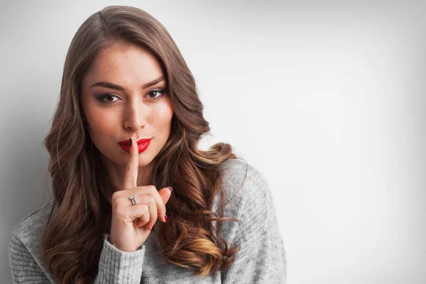 Portrait Beautiful Woman Finger Lips — Stock Photo, Image