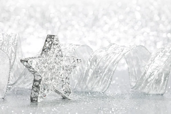Noel Işık Gümüş Bokeh Arka Plan Dekoratif Star — Stok fotoğraf