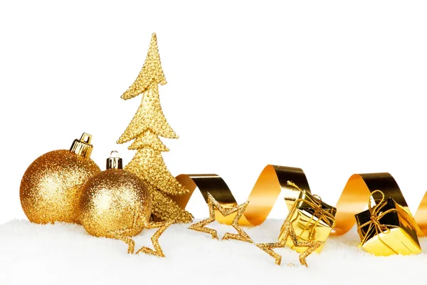 Golden Christmas Decorations Snow Close — Stock Photo, Image