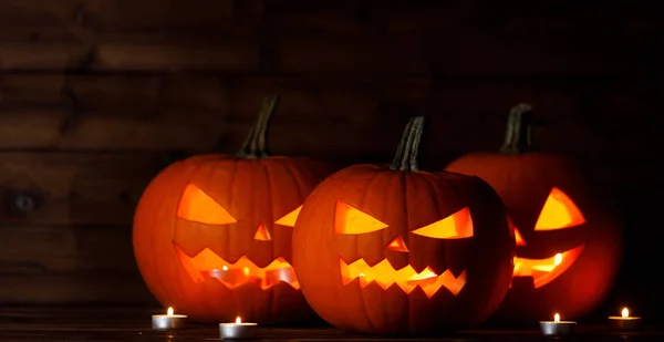 Grupo Calabaza Halloween Cabeza Jack Linterna Velas Sobre Fondo Madera —  Fotos de Stock