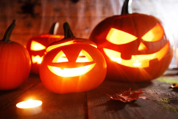 Jack Lantern Halloween Dýně Pavouci Web Hořící Svíčky — Stock fotografie