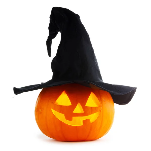 Beyaz Arka Planda Izole Edilmiş Cadı Şapkalı Cadılar Bayramı Balkabağı — Stok fotoğraf