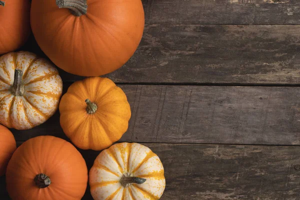 Veel Oranje Pompoenen Houten Achtergrond Halloween Concept Bovenaanzicht Met Kopieerruimte — Stockfoto