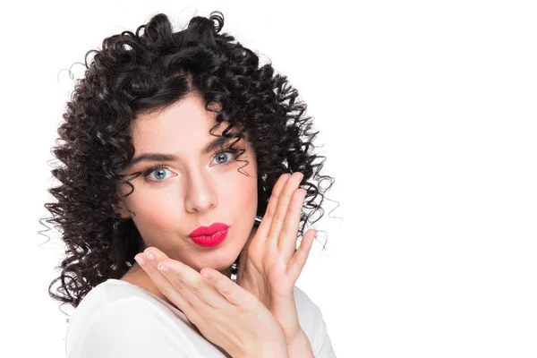 Portrait Beautiful Smiling Woman Curly Hair Sending Kiss Isolated White — Stock Photo, Image