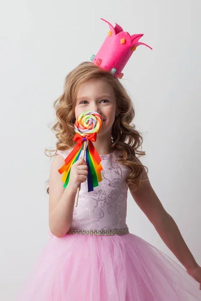 Beautiful Little Candy Princess Girl Crown Holding Big Lollipop Smiling — Stock Photo, Image