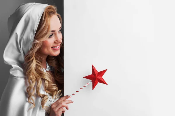Mujer Hadas Con Varita Mágica Con Estrella Apuntando Fondo Blanco — Foto de Stock