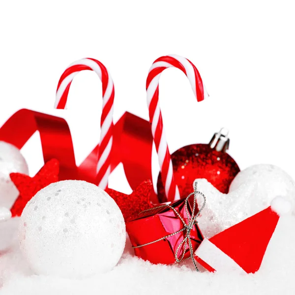 Julkort Med Vackra Dekorationer Och Godis Snö — Stockfoto