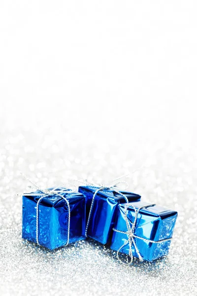 Decorative Blue Boxes Holiday Gifts Shiny Glitter Background — Stock Photo, Image