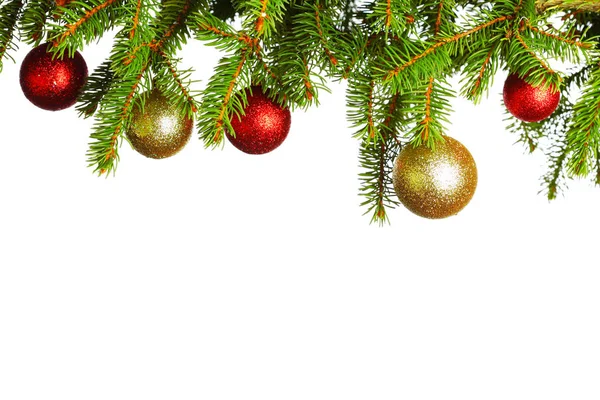 Ramo Albero Natale Con Palline Vetro Rosso Dorato Isolato Sfondo — Foto Stock