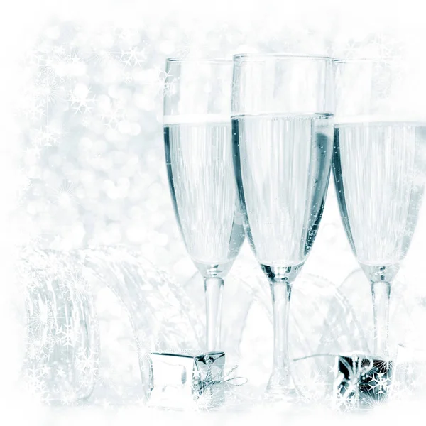 Glasses Champagne Silver Gifts Glitter Background — Stock Photo, Image