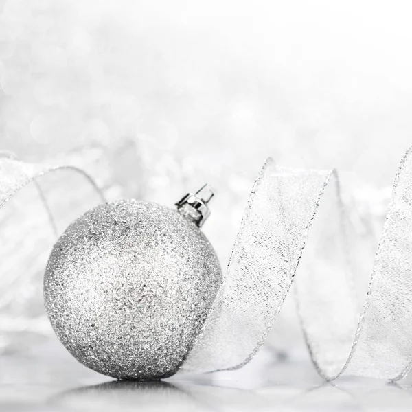 Christmas Decorative Ball Ribbon Silver Glitter Background — Stock Photo, Image