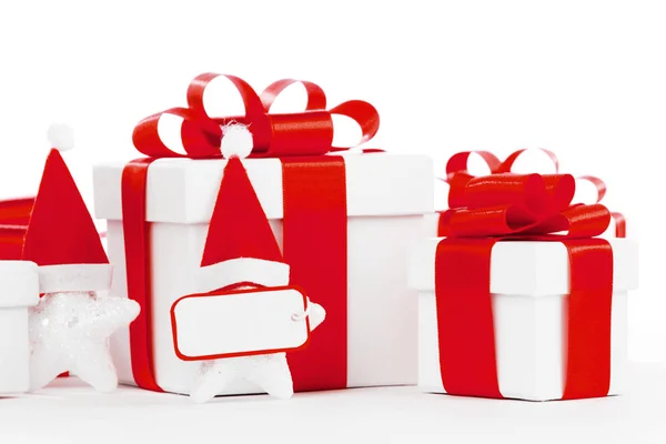 Caja Regalo Blanca Con Cinta Roja Estrellas Con Sombreros Santa — Foto de Stock