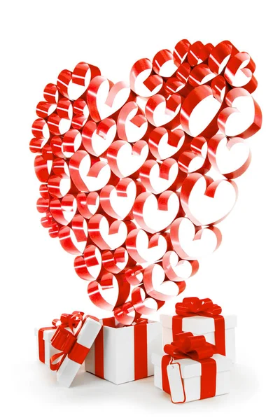 Regalos San Valentín Cajas Blancas Con Cintas Rojas Corazones Aislados — Foto de Stock