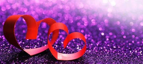 Red Ribbon Hearts Purple Glitters Valentines Day Concept — Stock Photo, Image