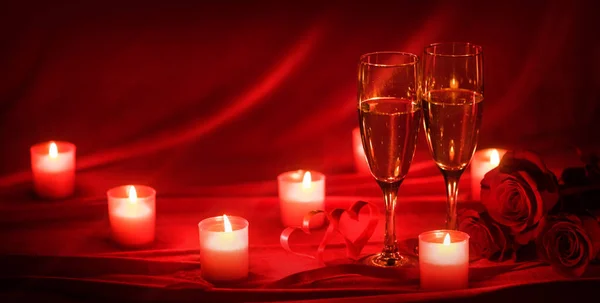 Valentines Day Celebration Glasses Champagne Candles Roses Hearts Red Silk — Stock Photo, Image