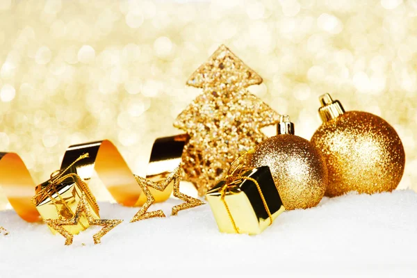 Golden Christmas Decorations Snow Close — Stock Photo, Image
