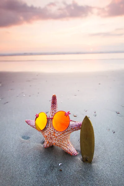 Hvězdice Surfař Pláži Krásný Západ Slunce Bali — Stock fotografie
