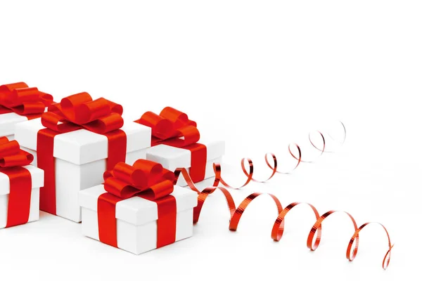 White Gift Boxes Red Ribbons Isolated White Background — Stock Photo, Image