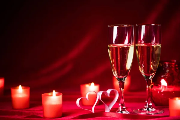 Valentines Day Celebration Glasses Champagne Candles Roses Hearts Red Silk — Stock Photo, Image