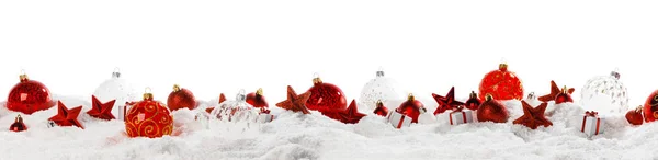 Χριστουγεννιάτικο Πλαίσιο Διακόσμηση Των Αστεριών Μπάλες Και Δώρα Στο Χιόνι — Φωτογραφία Αρχείου
