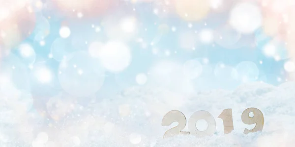 Zucht Symbool Van Gelukkig Nieuwjaar 2019 Vakantie Kerstmis Sneeuw Bokeh — Stockfoto