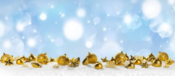 Christmas Decoration Panorama Balls Pine Cones Stars Snow Bokeh Background — Stock Photo, Image