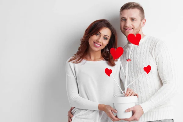 Couple People Holding Together Pot Tree Love Red Hearts White — Stock Photo, Image