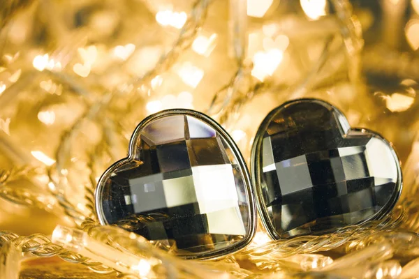Heart Shaped Gem Stones Golden Lights Electric Garland Bokeh — Stock Photo, Image