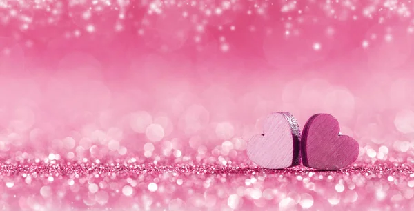 Two Small Handmade Pink Wooden Hearts Bright Lights Bokeh Background — Stock Photo, Image