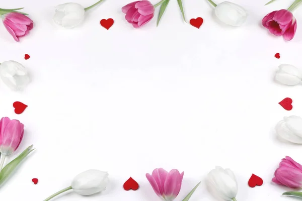 Moldura corações tulipas — Fotografia de Stock