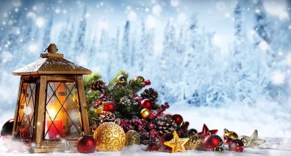 Lantern and christmas decoration — Stock Photo, Image