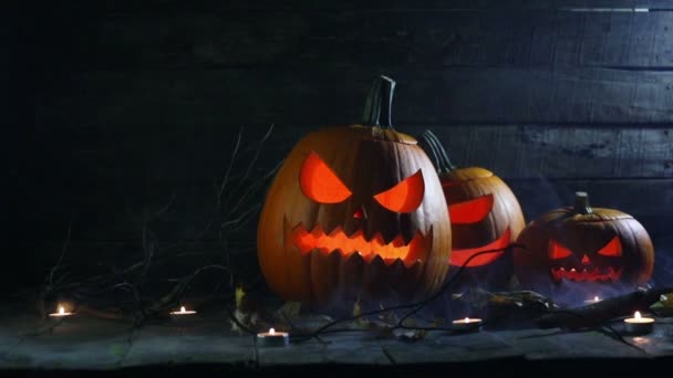 Halloween Pumpkins Candles Mist Darkness — Stock Video