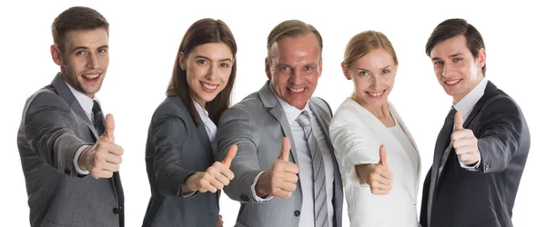 Gruppo Lavoro Sorridente Riuscito Con Pollici Isolato Uno Sfondo Bianco — Foto Stock