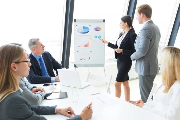 Empresaria Dando Presentación Usando Diagramas Financieros Rotafolio Colegas Oficina Reunión — Foto de Stock