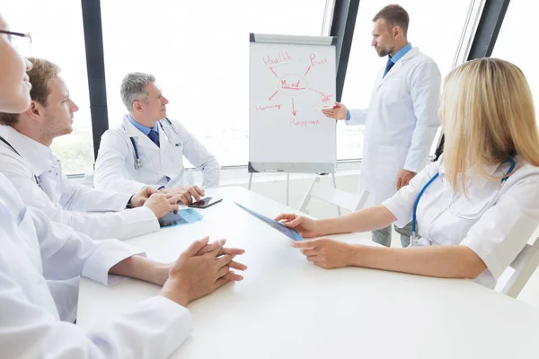 Equipe Médicos Discutem Conceito Saúde Mental Apresentação Consultório Clínico — Fotografia de Stock