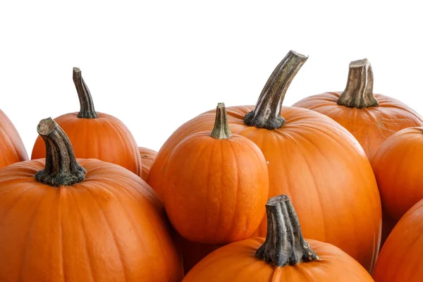 Heap Många Orange Pumpor Vit Bakgrund Halloween Koncept Kopiera Utrymme — Stockfoto