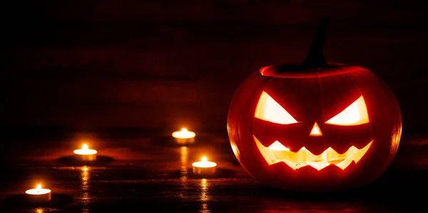 Halloween Dynia Głowa Jack Latarni Świece Drewnianym Tle — Zdjęcie stockowe