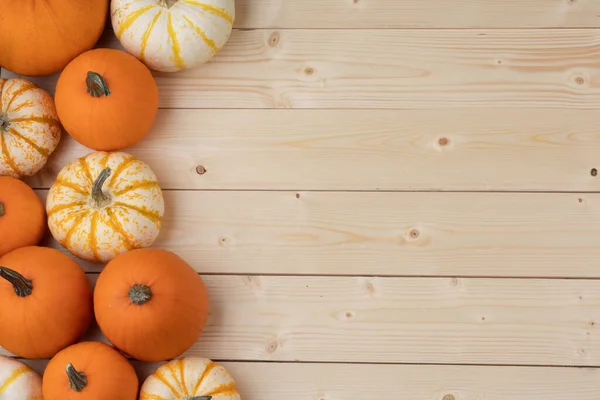 Veel Oranje Pompoenen Lichte Houten Achtergrond Halloween Concept Bovenaanzicht Met — Stockfoto