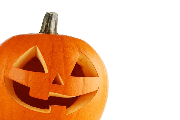 Een Boze Halloween Pompoen Geïsoleerd Witte Achtergrond — Stockfoto