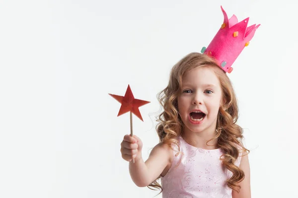 Bella Piccola Ragazza Principessa Caramella Corona Con Stella Forma Bacchetta — Foto Stock