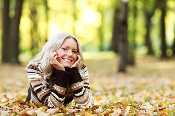 Portrait Young Woman Laying Ground Autumn Leaves Park Stock Picture