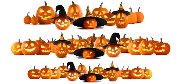 Una Colección Calabazas Halloween Jack Lantern Con Varios Diseños Diferentes — Foto de Stock