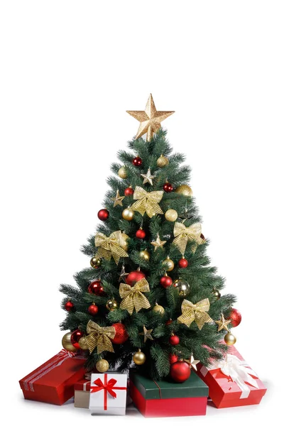 Kerstboom Geschenken Geïsoleerd Witte Achtergrond — Stockfoto