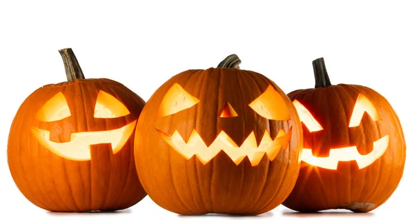 Tre Glödande Söt Halloween Pumpor Isolerad Vit Bakgrund — Stockfoto