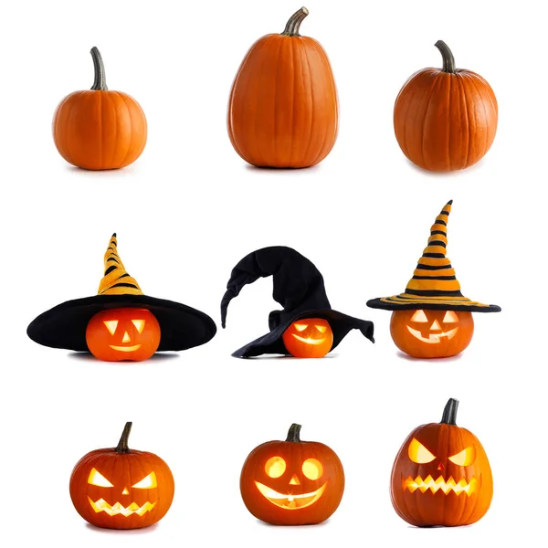 Samling Jack Lantern Halloween Pumpor Och Hela Gourds Med Olika — Stockfoto