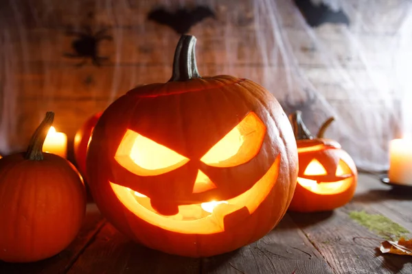 Jack Lantern Halloween Pumpkins Spiders Web Burning Candles — Stock Photo, Image