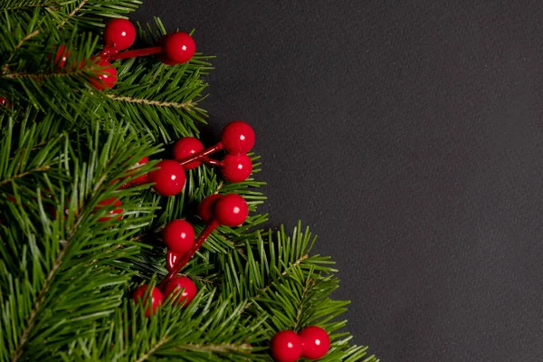 松のクリスマスツリーの枝と黒い紙の背景に赤い果実フラットレイトップビューモックアップ — ストック写真